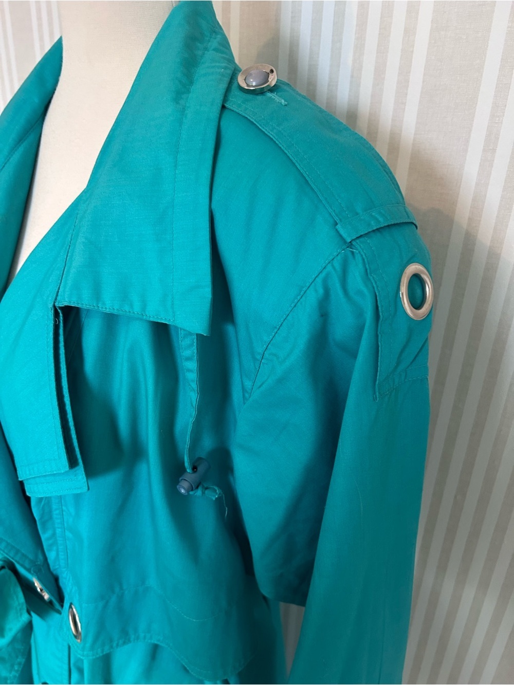 BMI par Balimel Vintage Trench Coat 80s Double Breasted Turquoise Belted - Picture 5 of 12